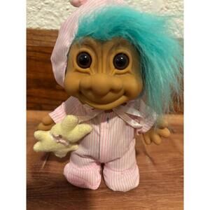 Troll Doll Teal Hair Easter Troll in Bunny Pajamas with Teddy Bear 7”  VGC